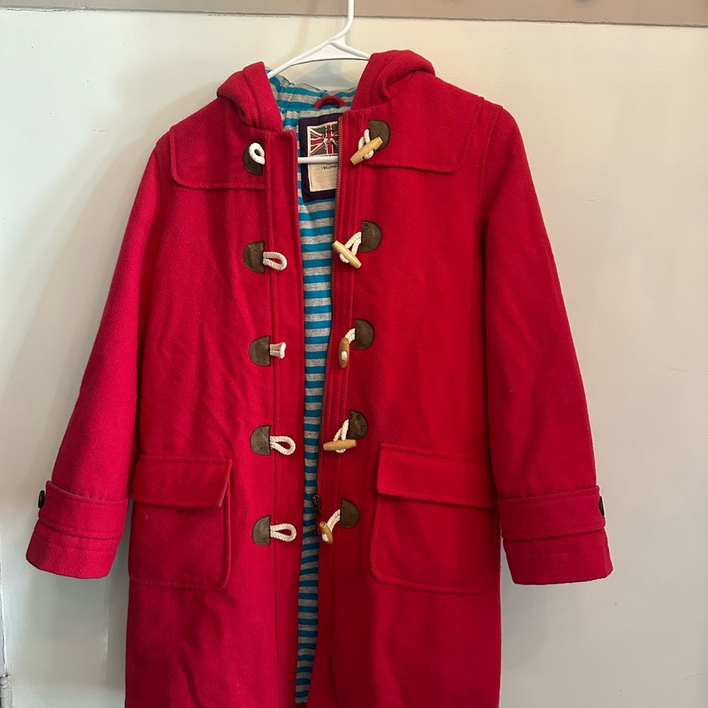Mini-Boden Girls Red Wool Toggle Coat with Blue Striped Lining
